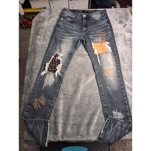 Keffi Mens Distressed Patchwork Jeans Blue Denim Sashiko Stitching Slim Fit W30